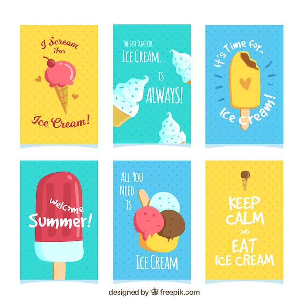 Several colorful cards with ice cream and\
messages