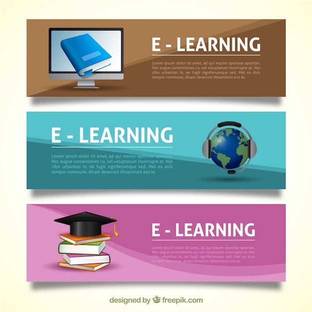 Several online education banners in realistic\
style