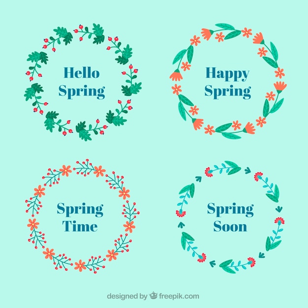 Several spring wreaths with flowers in flat
design