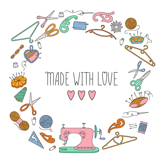 Premium Vector | Sewing line tools round background, made with love.