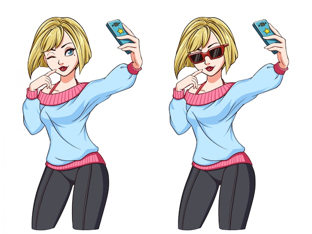 セクシーな漫画の女の子は Selfieを取ります 青いシャツ レギンス 赤いサングラスのブロンディの女の子 手描きイラスト プレミアムベクター