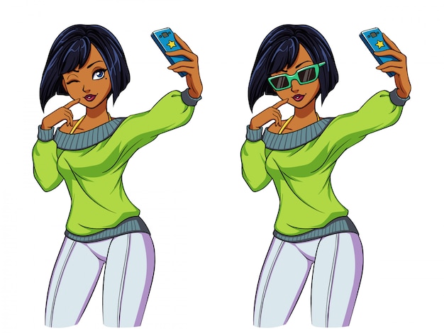 セクシーな漫画の女の子は Selfieを取ります プレミアムベクター