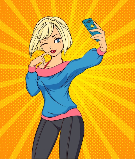 Premium Vector Sexy Cartoon Girl Takes A Selfie Pop Art Style Hand Drawn Illustration