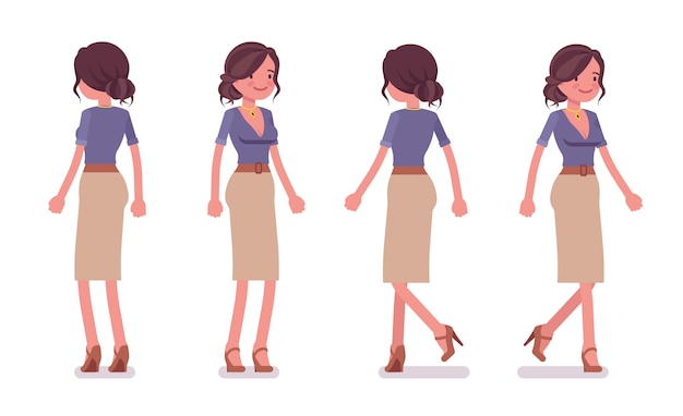 立って歩いてセクシーな秘書 エレガントな女性事務員 経営管理の概念 白い背景に 正面と背面のスタイル漫画イラスト プレミアムベクター