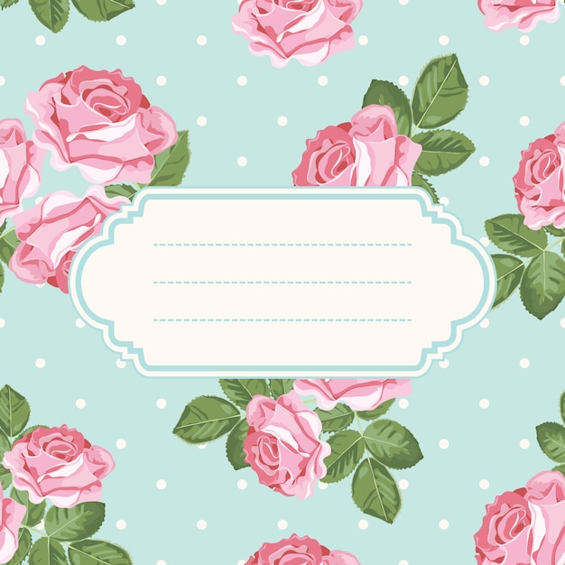 Shabby chic rose and polka dot light green background with blank, empty frame. Premium Vector