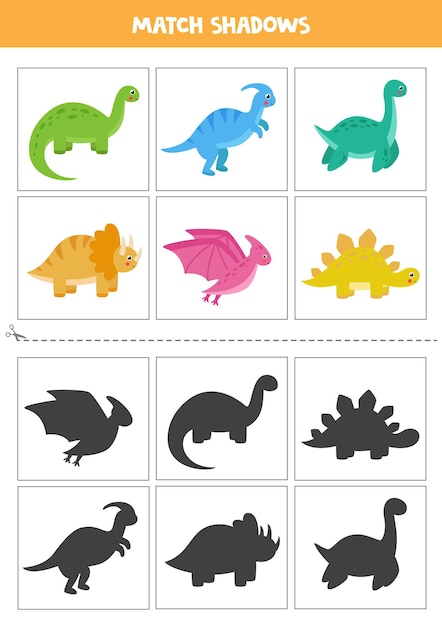 Premium Vector | Shadow matching cards for preschool kids. cute dinosaurs.