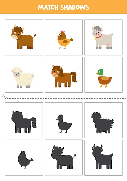 Premium Vector | Shadow matching cards for preschool kids. cute farm ...