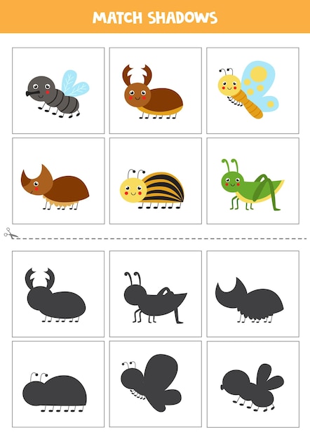 Premium Vector | Shadow matching cards for preschool kids. cute insects.