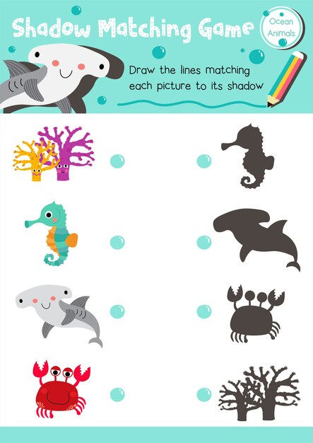 Premium Vector | Shadow matching game ocean animal