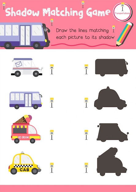 Premium Vector | Shadow matching game transportation