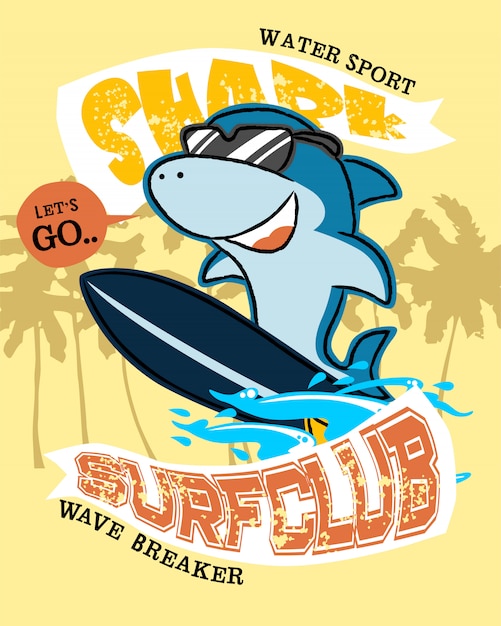 Shark Cartoon On Surfboard Premium Vector