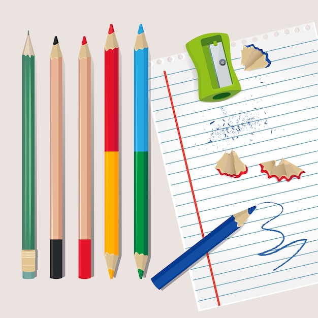 鉛筆削りと鉛筆からの木材の破片 学校やオフィスのイラスト 鉛筆削りと色鉛筆 プレミアムベクター