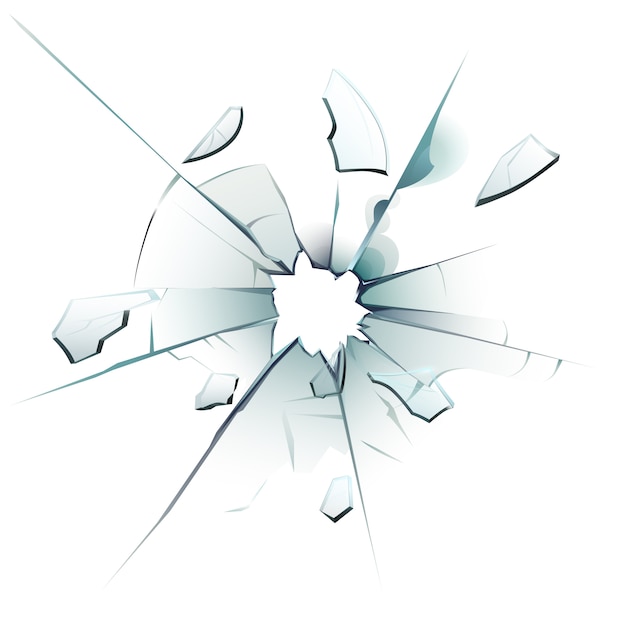 粉々になったウィンドウ ひびの入ったガラス 銃弾の穴の亀裂 壊れたガラス表面ガラス破片現実的な孤立した図 プレミアムベクター