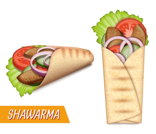 Premium Vector Shawarma Set Turkish Takeaway Fast Food Realistic Pita Bread Roll With Chicken Beef Meat Salad