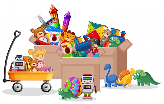 Shelf and box full of toys on white Free Vector