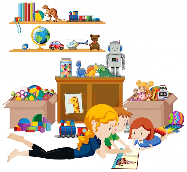 Free Vector | Shelf full of books and toys on white background
