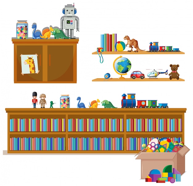Shelf full of books and toys on white Free Vector