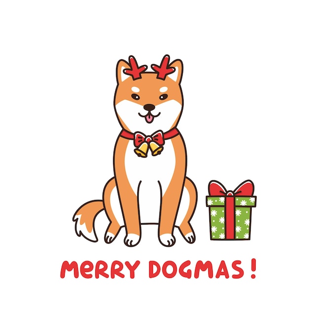 鹿のアシスタントの柴犬サンタクロースメリードグマス言葉遊びはメリークリスマスを意味します プレミアムベクター