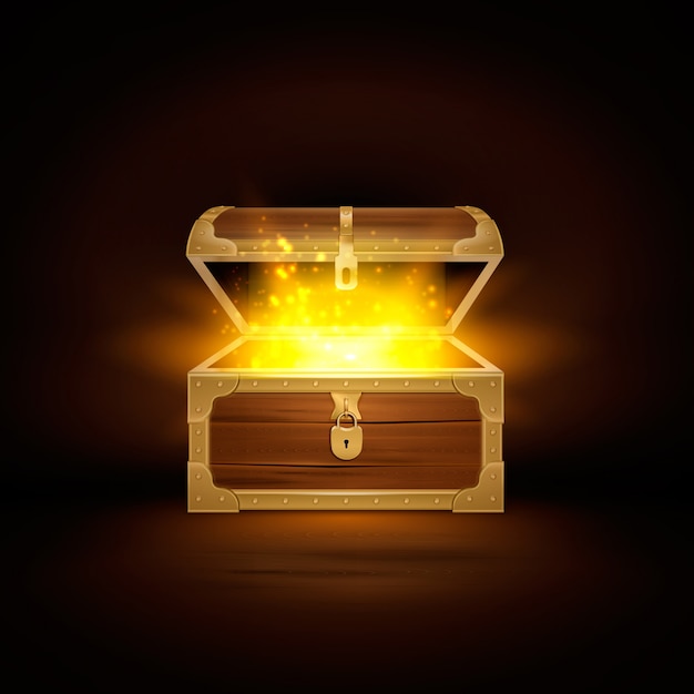 Free Vector Shine In Old Wooden Chest Realistic Composition Of Treasure Coffer With Open Lid