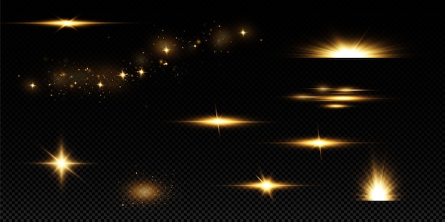 孤立した輝く黄金の星 エフェクト グレア ライン キラキラ 爆発 金色の光 プレミアムベクター