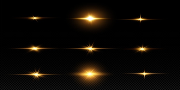 黒の背景に分離された輝く黄金の星 エフェクト グレア ライン グリッター 爆発 黄金色の光 ベクトルイラスト プレミアムベクター