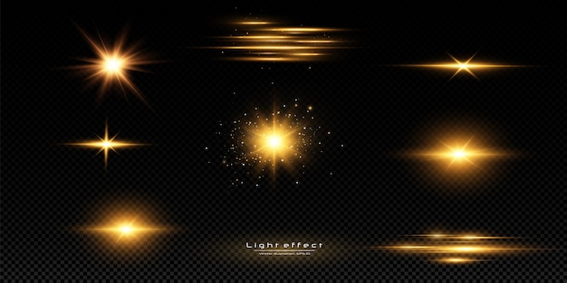 黒の背景に輝く黄金の星 エフェクト グレア ライン グリッター 爆発 黄金色の光 イラスト セット プレミアムベクター