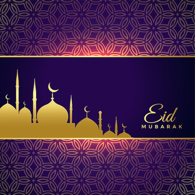 Shiny eid mubarak holiday greeting with golden\
mosque