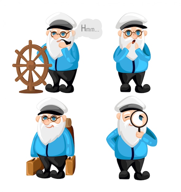 プレミアムベクター 海の漫画の船乗りのキャラクターの制服を着た船長が船長の異なる表情を設定します 幸せな悲しい笑顔 は驚いた 深刻なおよび他の感情 シンプルなイラスト