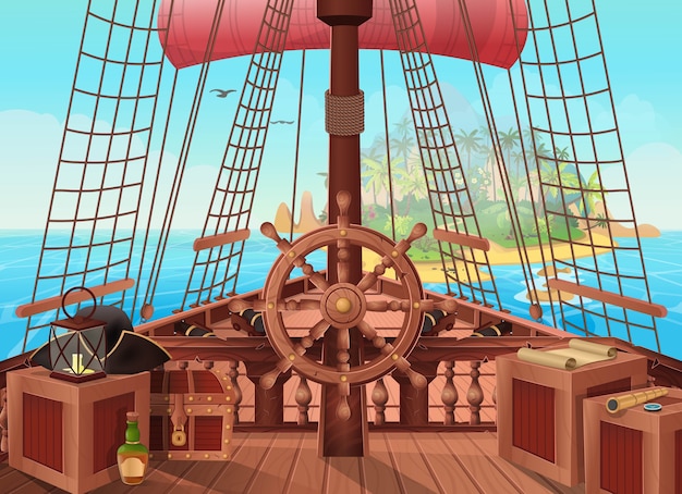 地平線上の島と海賊船 帆ボートブリッジビューのイラスト ゲームやモバイルアプリケーションの背景 海の戦いまたは旅行の概念 プレミアムベクター