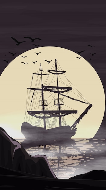 The ship stands in the port against the moon going beyond the horizon. Premium Vector