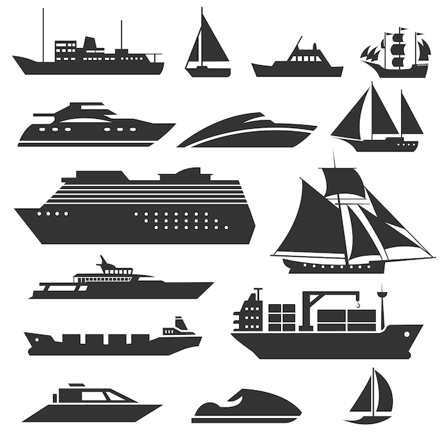 船とボート はしけ クルーズ船 船積み 漁船の標識 船舶のイラストの黒いシルエット 無料のベクター