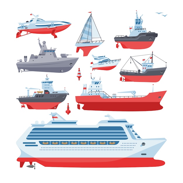 船や海や海を旅し 輸送のイラストを出荷する船の航行ヨットのマリンセット プレミアムベクター