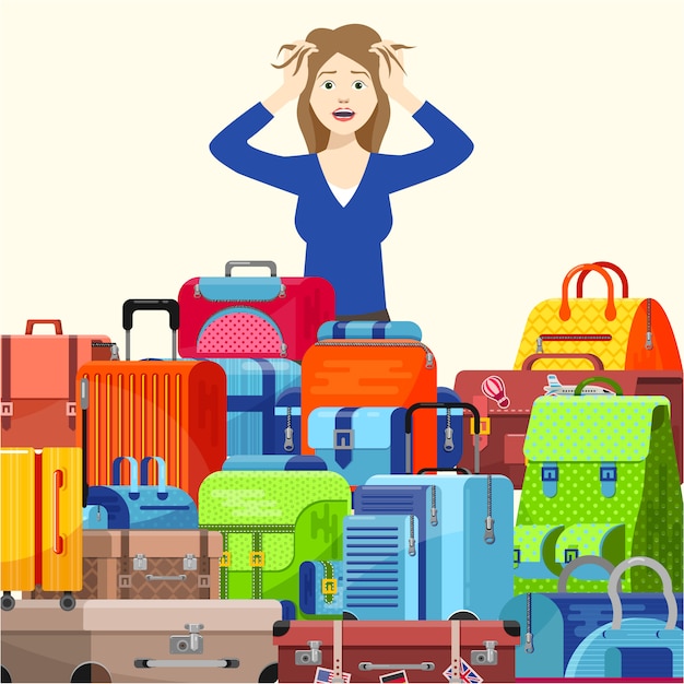 ショックを受けた若い女性の女の子の旅行者は スーツケースに問題がありすぎて イラストのフラットスタイルをとることができません 旅行用の荷物袋を梱包します プレミアムベクター