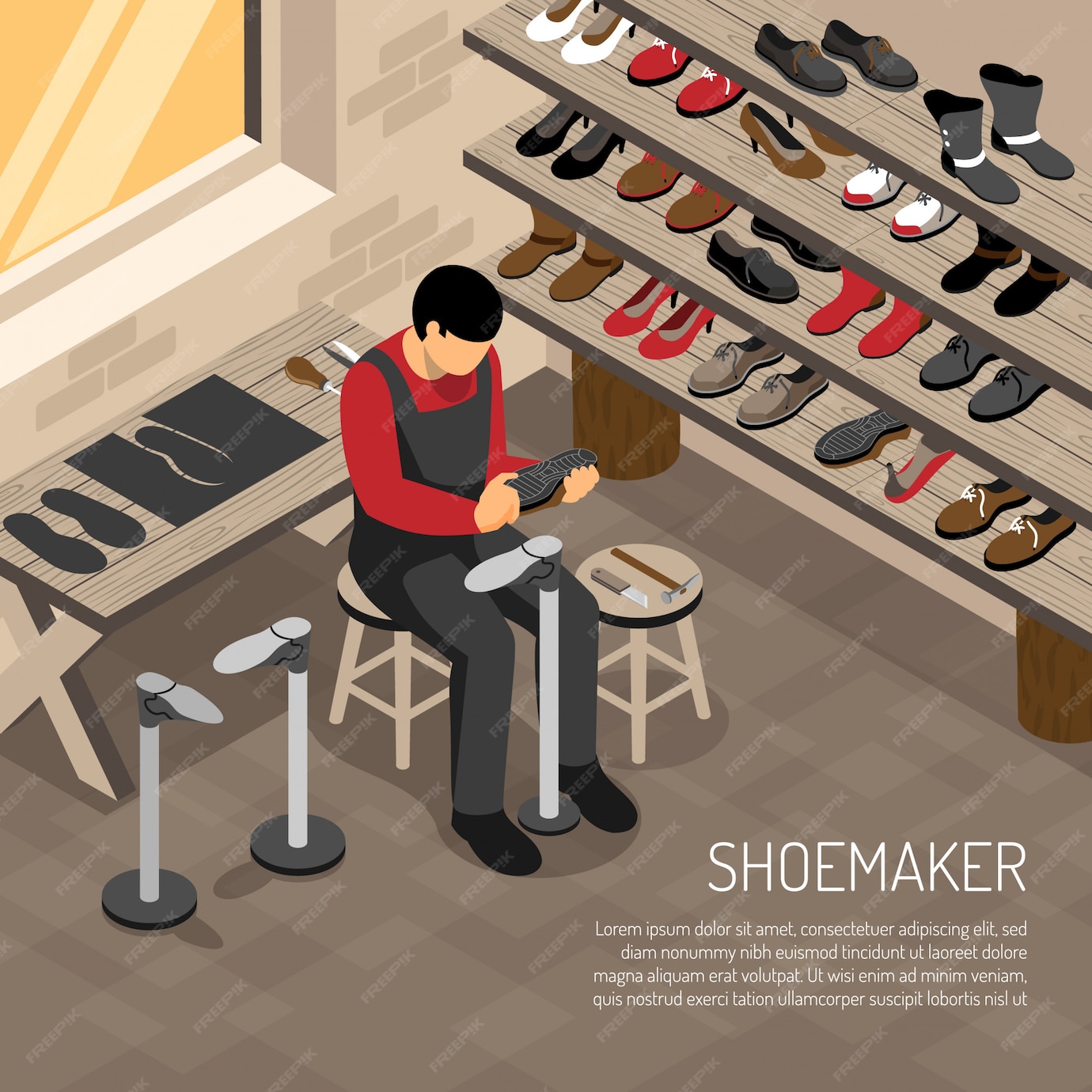 Free Vector | Shoe maker during work on of shelves with foot wear isometric