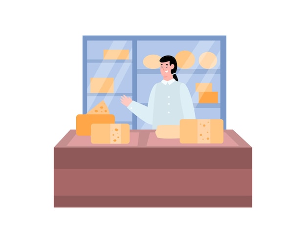 Premium Vector | Shop counter with a cheese seller cartoon illustration ...