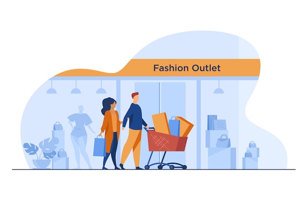 ファッションアウトレットの窓を通り過ぎて歩く買い物客 バッグやパッケージのフラットベクトルイラストでカートを動かしている顧客 消費主義 購入コンセプト 無料のベクター