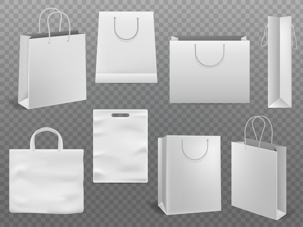 Shopping bag mockups. empty handbag white paper fashion bag with handle 3d isolated template ...