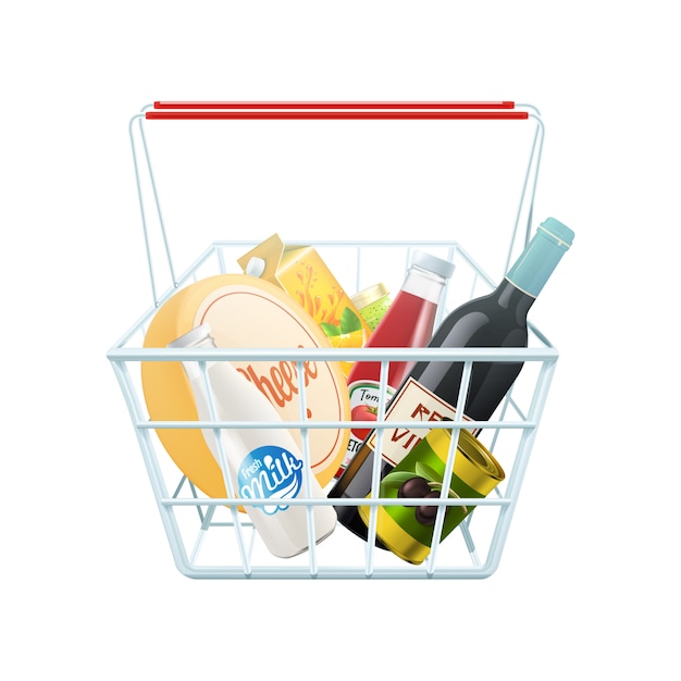 Shopping basket concept with wine cheese and ketchup realistic vector illustration Free Vector