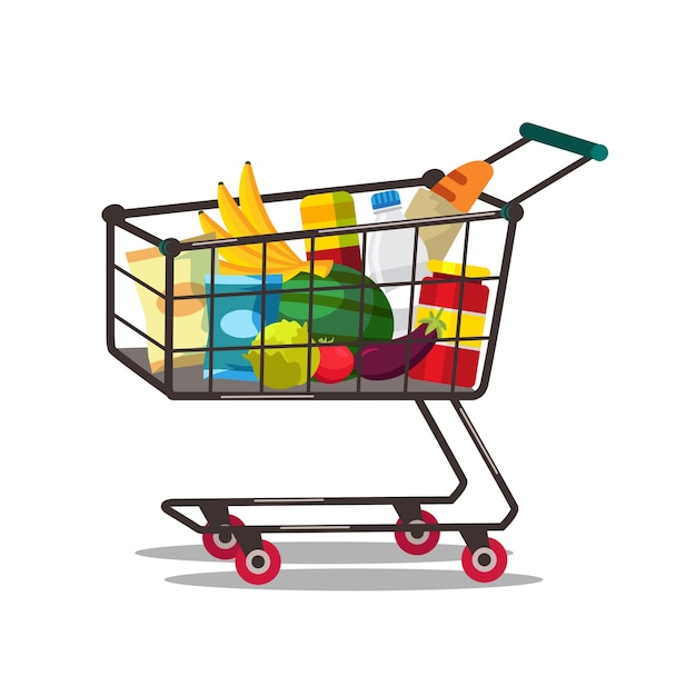商品イラスト付きショッピングカート 食べ物を買う スーパーマーケット 食料品店のトロリー 新鮮な果物や野菜を購入します 乳製品 シリアル 健康的な食事 栄養 プレミアムベクター