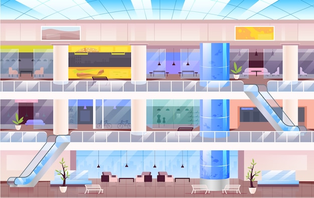 ショッピングセンターのフラットカラーイラスト 背景に複数のフロアがある大都市モールの2d漫画のインテリア 店先 オープンスペースのカフェ ラウンジゾーンのある多階建てのホール プレミアムベクター