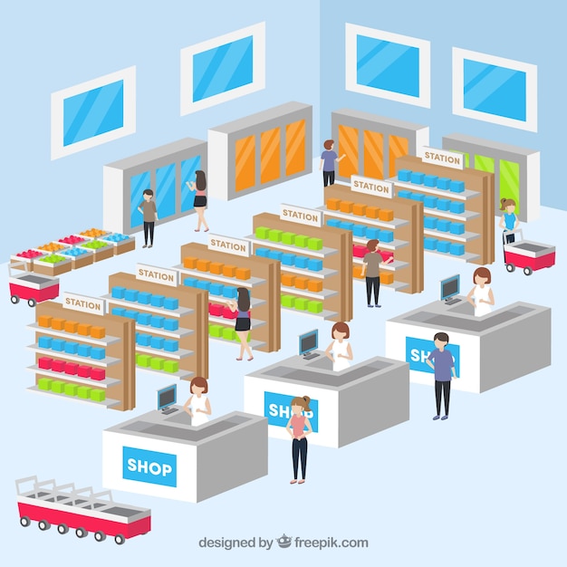 Shopping concept with people in isometric\
view