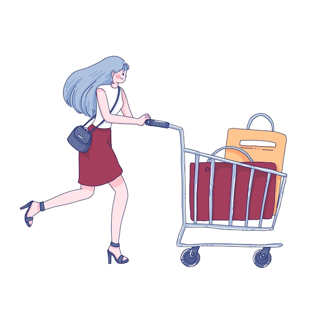 ショッピングの女の子のキャラクターの漫画イラスト プレミアムベクター