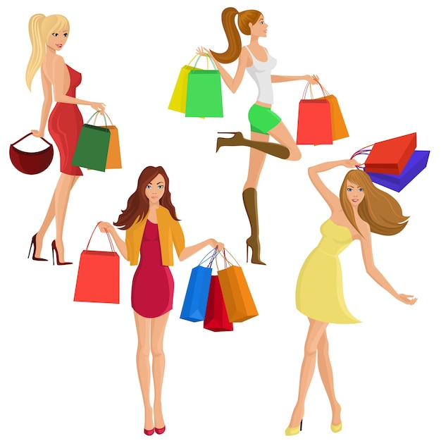 Download Vector Shopping Girl Young Sexy Female Figures With Sale Fashion Bags Isolated Vector 8234