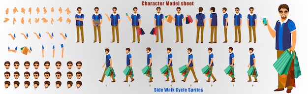 Shopping man character model sheet with walk cycle animation sequence Premium Vector