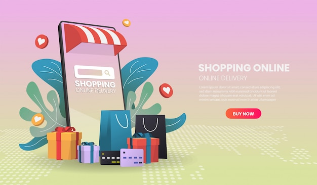  Shopping online on mobile phone. online delivery service.3d vector illustration.