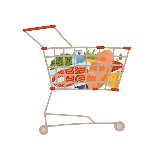 Premium Vector | Shopping trolley full of food fruit products grocery ...