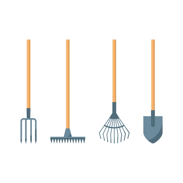 Premium Vector | Shovel or spade, rake and pitchfork icons isolated on ...