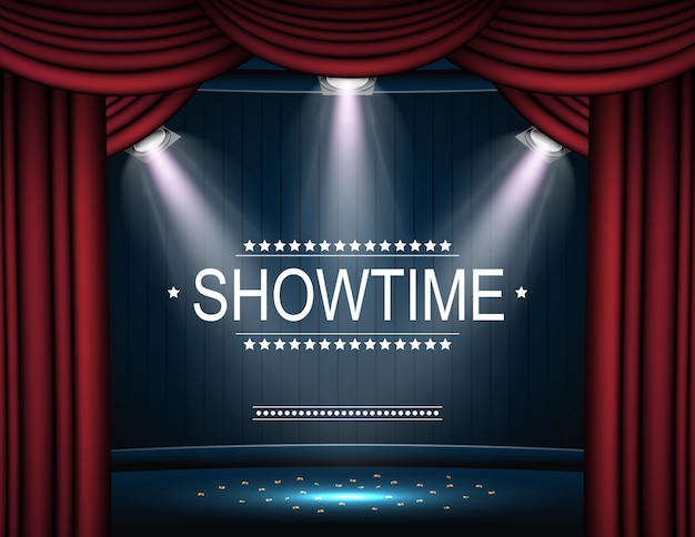 Premium Vector | Showtime background with curtain illuminated by spotlights