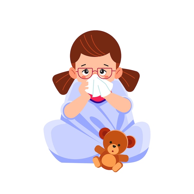 おもちゃのクマと一緒にベッドに座って鼻をかむ病気の子供女の子は 熱でとても気分が悪くなります 漫画イラスト プレミアムベクター