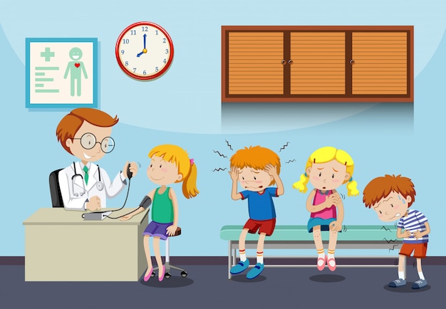 Sick children wait to see doctor | Free Vector